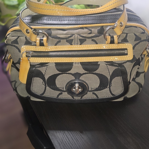 Coach Handbags - Coach Black Signature Canvas Satchel with Yellow Trim